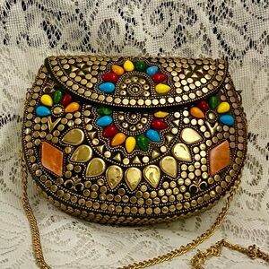 Vintage, Gold Metal Purse, Multi-Colored Stones  Crossbody 7.5in x 5.5in x 2in